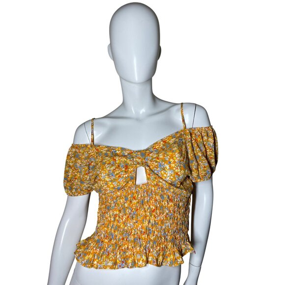 Women's Sienna Sky Large Top Floral Smocked Crop With Adjustable Straps Yellow/B - Picture 2 of 12